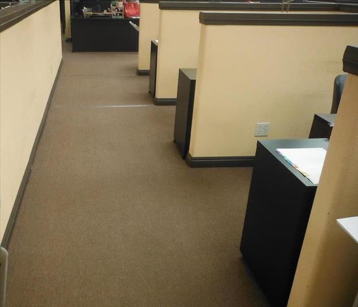 A commercial office post water flooding cleanup shows dry carpet and materials.
