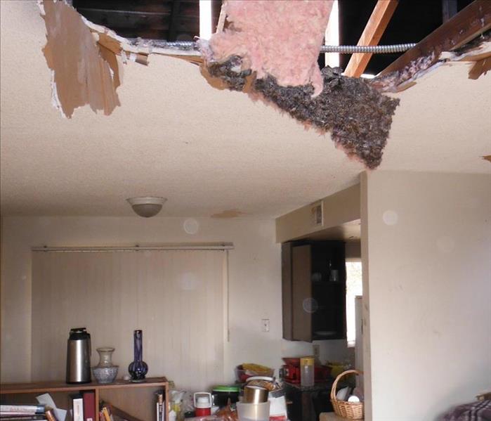 A roof leak from rain soaked the ceiling materials. The heaviness and pressure caused the ceiling drywall to cave in