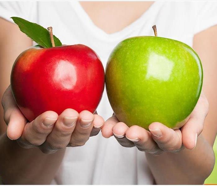 A woman extends both hands holding an apple in each. One is a red apple, the other a slightly larger green apple